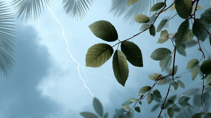 Moody leaves and lightning against a dramatic cloudy sky.
