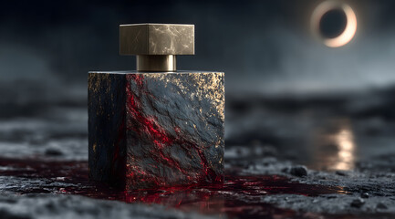 Luxury perfume bottle made of black volcanic stone with gold and red texture, standing on dark reflective surface under solar eclipse, mysterious high-end product concept with cinematic lighting
