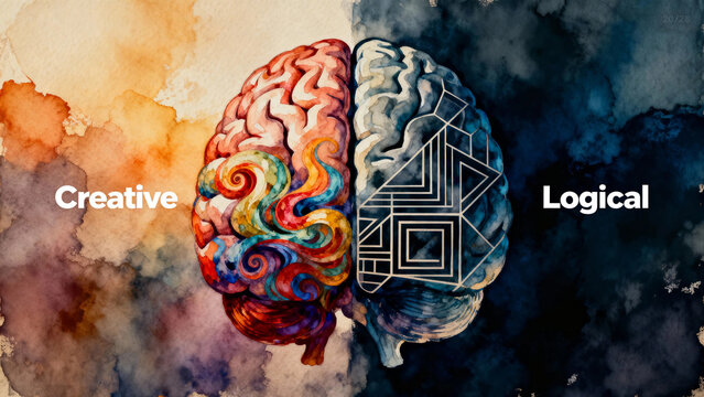Artistic representation of the human brain divided into creative and logical hemispheres, symbolizing cognitive functions.