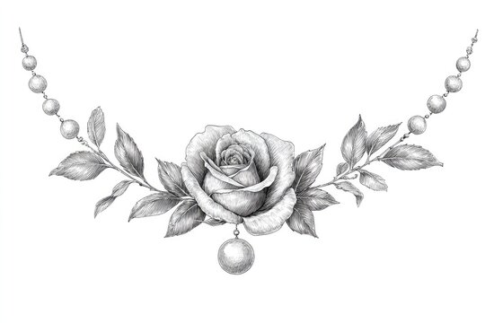 Detailed rose with pearl necklace and pendant, elegant pencil drawing.