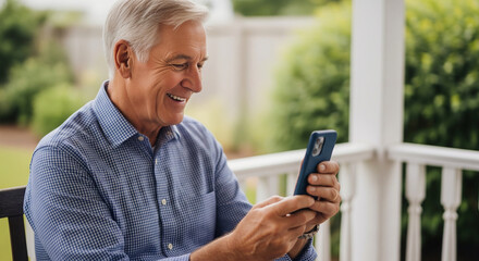 Joyful senior man with grey hair relaxing on his home porch, smiling happily while connecting with family online using a smartphone