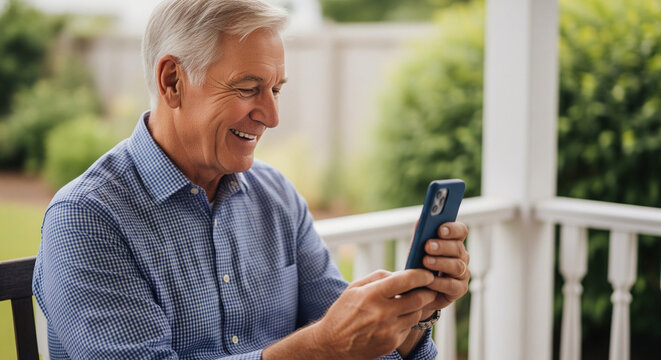 Joyful senior man with grey hair relaxing on his home porch, smiling happily while connecting with family online using a smartphone