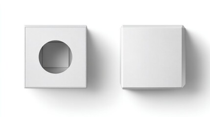 Two identical small, square, off-white cardboard boxes shown from a top-down perspective; one is open, revealing a circular cutout.  They cast subtle shadows on a white background