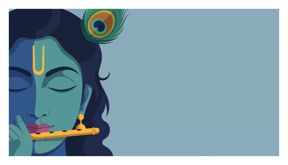 Lord Krishna playing flute vector background. Modern flat illustration of Hindu God for Janmashtami festival banner.
