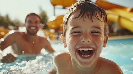 Pure joy! A young boy laughs heartily while swimming in a pool, with a smiling adult blurred in the background and yellow water slides adding vibrant color to the fun summer scene.