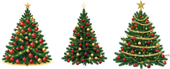 Obraz premium Set of Realistic Christmas Trees Decorated with Red and Gold Ornaments, Star Toppers, and Glowing Lights.