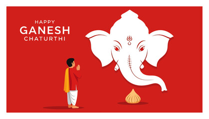Happy Ganesh Chaturthi Devotee with Lord Ganesha and Modak – Festive Hindu Banner Vector