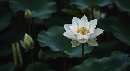 Close-up of a pristine white lotus flower with green leaves and buds in a pond