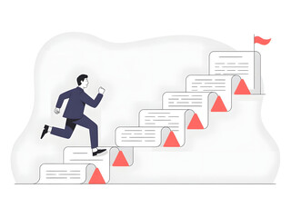 A businessman running up steps made of paper documents toward a flag