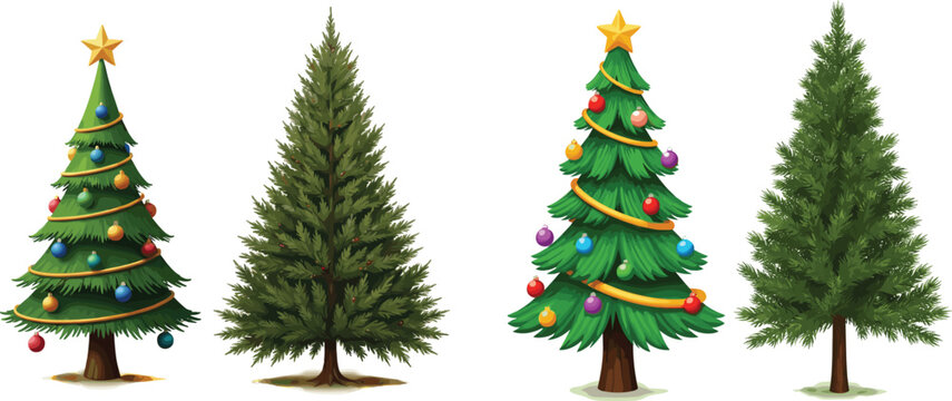 Christmas Tree Vector Set: Cartoon Decorated Pines and Realistic Fluffy Fir Trees with Gold Star.