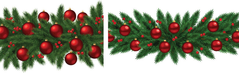 Fototapeta premium Christmas Fir Pine Tree Garland Border Vector with Red Ornaments and Holly Berries Illustration.