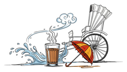 Indian monsoon season concept with chai and hand-pulled rickshaw. Vector illustration of a rainy day in Kolkata with a hot cup of tea. Travel to India art. © Anna