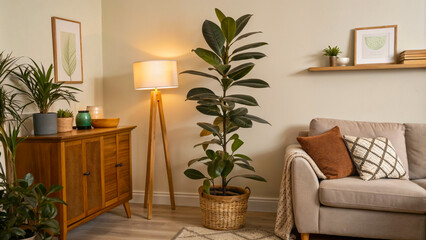 Fototapeta premium Indoor Plant Care in a Cozy Living Room with Modern Decor and Natural Light for Home Improvement Blogs, Interior Design Websites, Eco-Friendly Living Guides, and Plant Care Tips