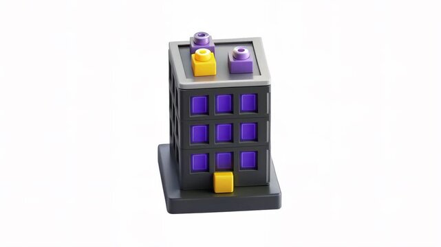 A colorful block structure resembling a small building with purple, yellow, and gray elements.