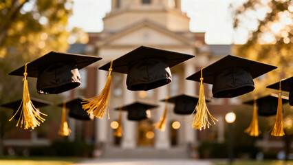 Graduation caps with yellow tassels hanging in front of a university building