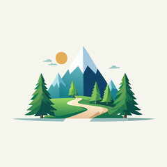 Minimalist Mountain Landscape with Winding Path and Pine Trees.