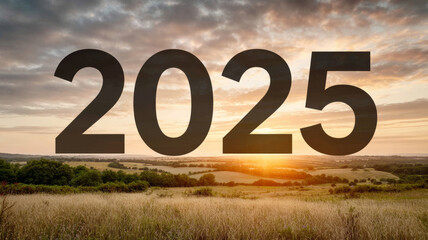 2025 bold numbers over serene countryside at sunrise.