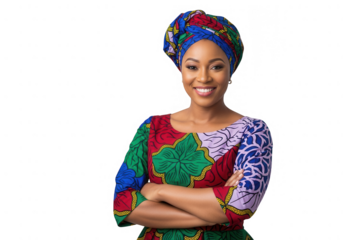 Beautiful african woman in traditional dress smiling isolated on transparent background