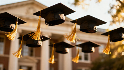 Graduation caps with yellow tassels hanging in front of a university building