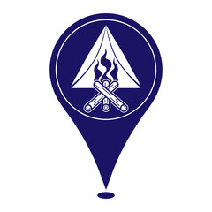 Camping location icon for a Camping area, Bonfire with a Camping tent on location map marker icon