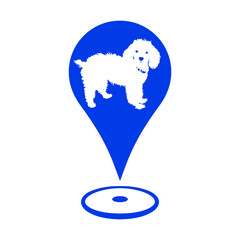 Pet store map location marker icon for Pet shop, Dog groomer and Dog park location. an Adorable white Poodle dog on a location marker