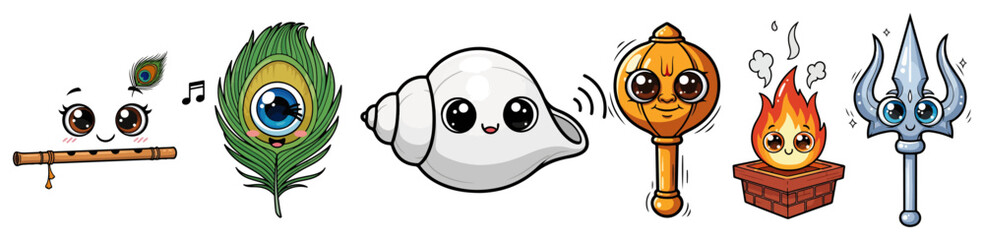 Cute kawaii Hindu religious symbols vector sticker set. Cartoon characters of flute shankha and trishula for kids.