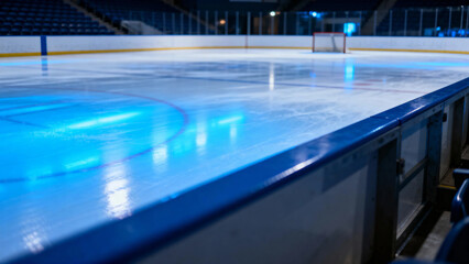 Empty indoor ice hockey rink with blue lighting and goal net in the distance