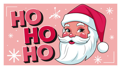 Cute retro Santa Claus with Ho Ho Ho greeting. Christmas holiday cartoon character for a festive card or poster. Vector illustration.
