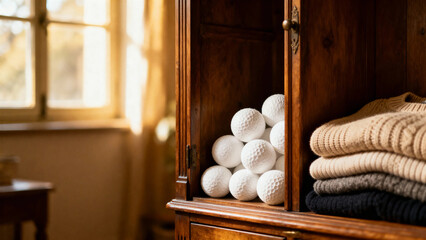 Stacked golf balls and folded sweaters in a wooden cabinet near a window