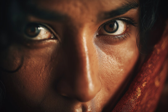 Close-up cinematic portrait of an Indian woman with intense eyes, film grain texture, soft edge lighting. - Powered by Adobe