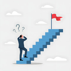 A businessman contemplates a challenging path toward a distant red flag