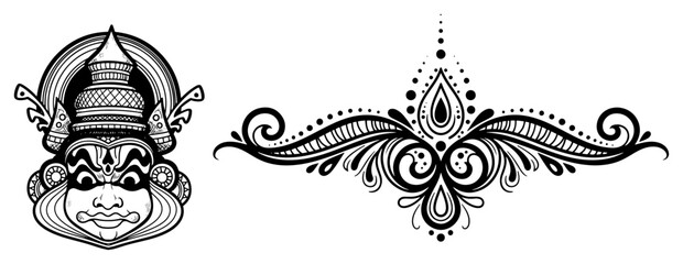 Kathakali dancer mask and mehndi ornament vector set. Hand drawn Indian classical dance and henna style design elements.