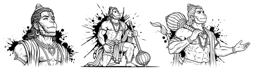 Lord Hanuman vector illustration set. Hand drawn Hindu monkey God in various poses with ink splash for Hanuman Jayanti.