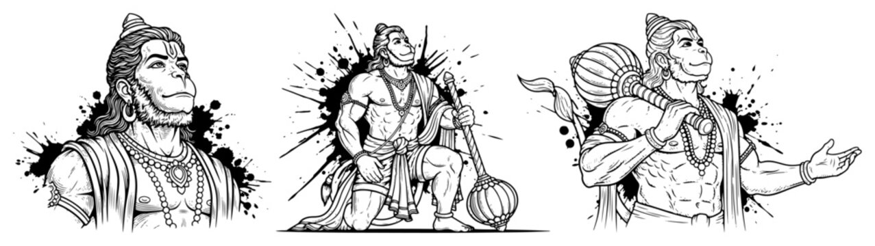 Lord Hanuman vector illustration set. Hand drawn Hindu monkey God in various poses with ink splash for Hanuman Jayanti.