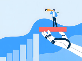 A person stands on a block supported by a robotic hand looking ahead