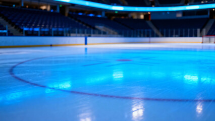 Obraz premium Empty ice hockey rink illuminated with blue lighting in an indoor arena