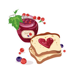 Jar of currant jam with a sprig of currant berries and slices toasted of white bread. Vector illustration on a white background. Bread with currant jam. Breakfast still life vector