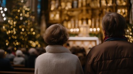 Obraz premium Congregation attending a Christmas church service with a beautifully decorated altar, emotion of reverence and joy visible, symbolizing holiday worship, festive spiritual gatherings, and