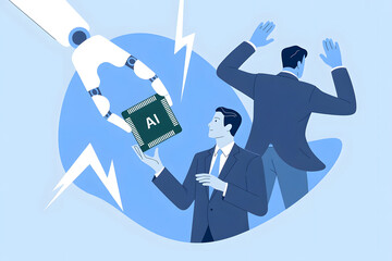 Man handing artificial intelligence chip to a robotic figure with lightning