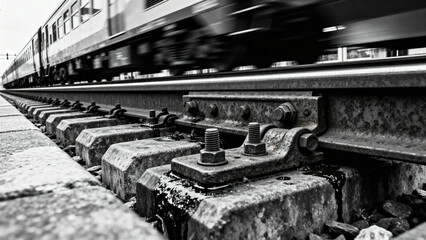 Close-up of railway tracks with a moving train in motion blur, captured in black and white