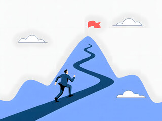 A person running up a winding mountain path towards a red flag