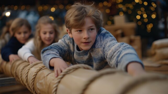 Kids constructing a holiday-themed obstacle course indoors or in the backyard with festive challenges, emotion of excitement and teamwork visible, representing playful winter exercise and creative