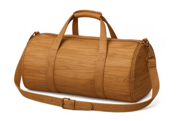 Brown duffel bag with wood texture effect traveling, luggage, style and fashion concept, transparent background