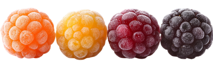 Colorful round fruit like objects in row against transparent background
