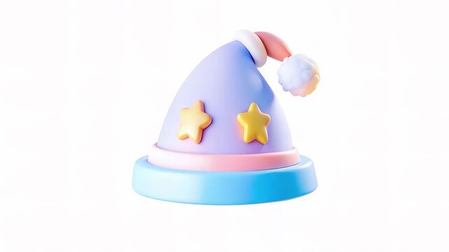 A cute pastel-colored hat with stars and a fluffy pom-pom on top, sitting on a circular base.