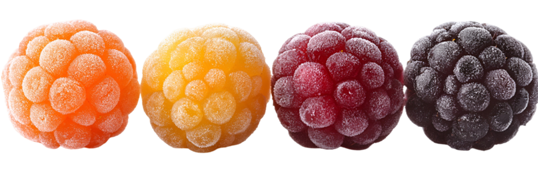 Colorful round fruit like objects in row against transparent background
