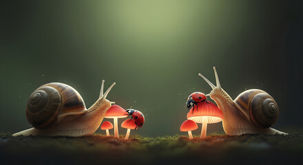 Two snails and ladybugs on glowing red mushrooms in a magical forest setting at night