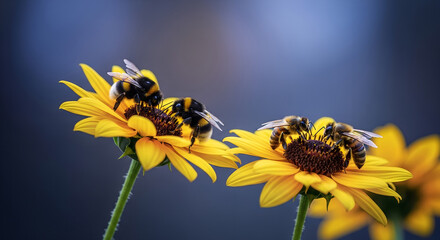 Several bumblebees gathering nectar from bright yellow flowers in a closeup shot with a soft blue background