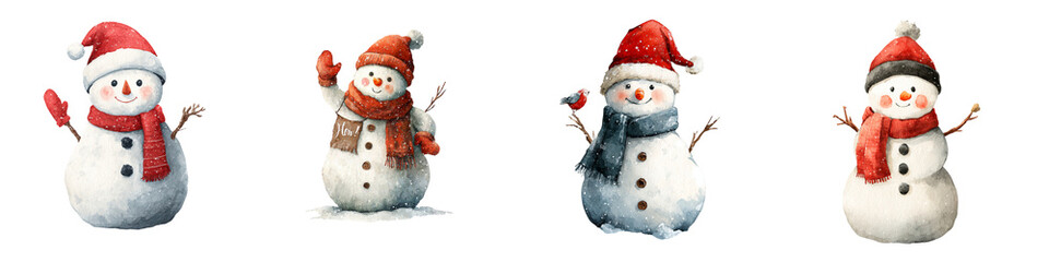 Four cheerful snowmen, each adorned with festive hats and scarves, display unique poses and expressions, capturing a playful winter spirit.