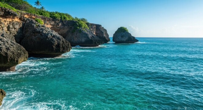 Lush cliffs overhang a vibrant turquoise ocean with crashing waves and a clear sky